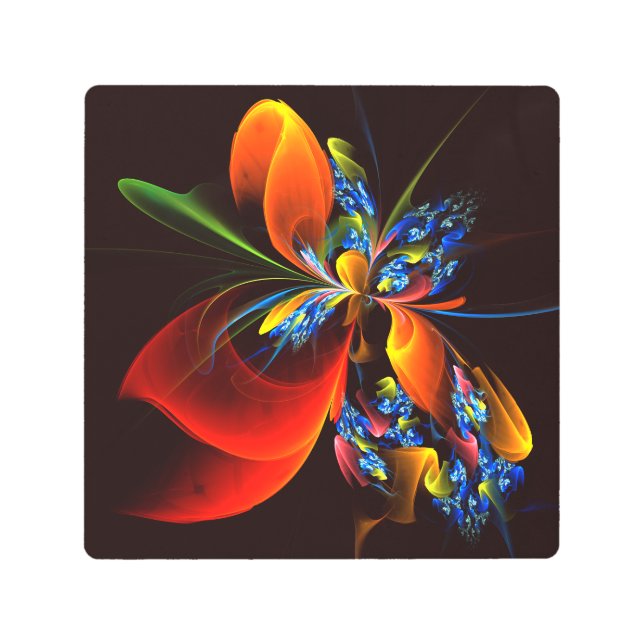 青オレンジ色のフローラモダン抽象芸術アートパターン#03 メタルプリント (正面)