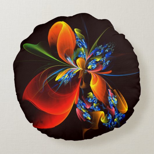 青オレンジ色のフローラモダン抽象芸術アートパターン#03 ラウンドクッション (裏面)