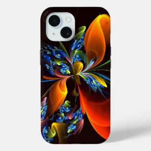 青オレンジ色のフローラモダン抽象芸術アートパターン#03 iPhone 15ケース