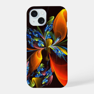 青オレンジ色のフローラモダン抽象芸術アートパターン#03 iPhone 15ケース