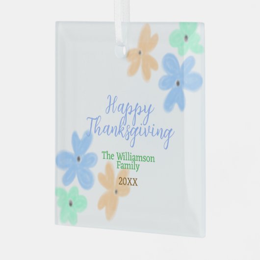 青オレンジ色の緑の水色の花の冬ありがとう ガラスオーナメント (正面左)