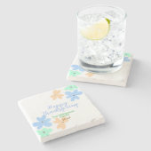 青オレンジ色の緑の水色の花の冬ありがとう ストーンコースター (横)