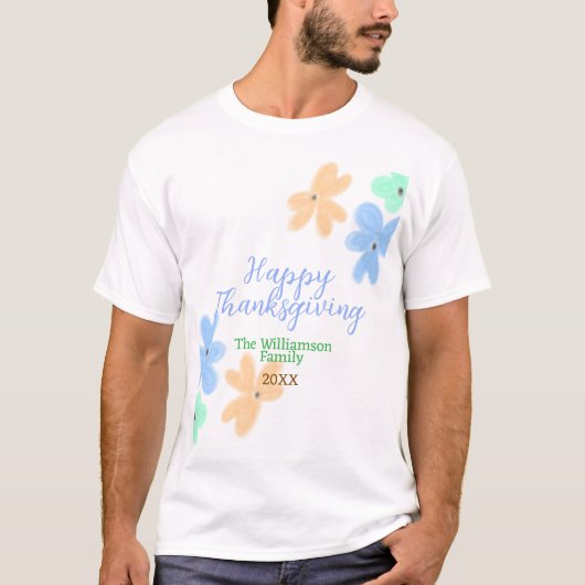 青オレンジ色の緑の水色の花の冬ありがとう Tシャツ (正面)