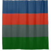 青オレンジ色の緑ストライプ色のブロックパターン シャワーカーテン (正面)