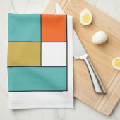 青オレンジ色金ゴールドレトロ色ブロック キッチンタオル (四つ折り)