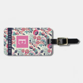 青カスタマイズピンクフローラ白い花 ラゲッジタグ (正面横)