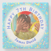 青カスタマイズ可能な水色紙吹雪誕生日 ストーンコースター (正面)