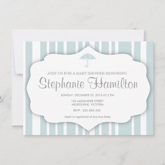 青カスタムいストライプの傘の赤ちゃんシャワー 招待状 (正面)