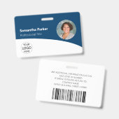 青カスタムい従業員 – 写真、ロゴ、バーコード、名前  バッジ (正面＆裏面)