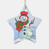 青カスタムい背景と雪の結晶の雪の男 セラミックオーナメント (右)