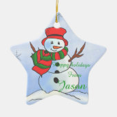 青カスタムい背景と雪の結晶の雪の男 セラミックオーナメント (正面)