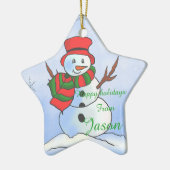 青カスタムい背景と雪の結晶の雪の男 セラミックオーナメント (左)