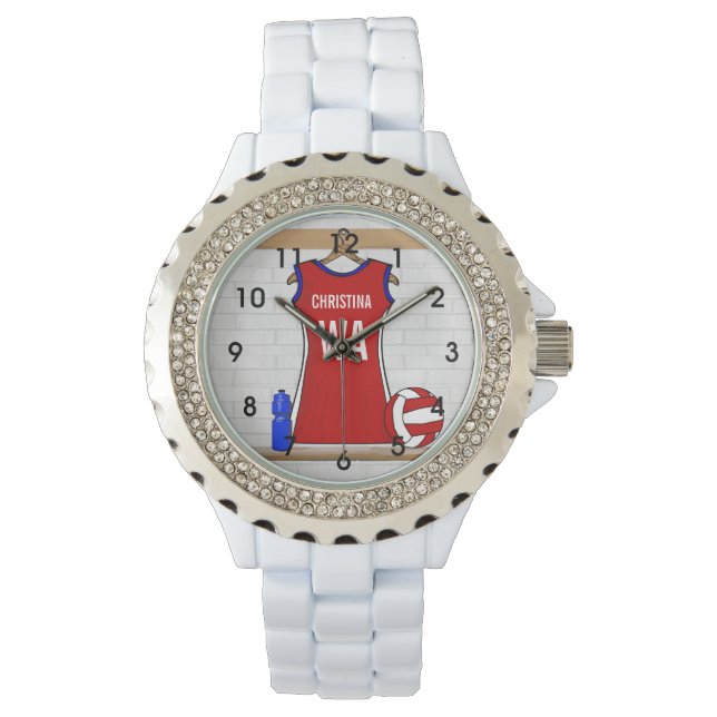 青カスタムと白で赤に統一されたネットボール 腕時計 (正面)