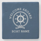 青カスタムと白の船名ウェルカムクオンボード ストーンコースター (正面)