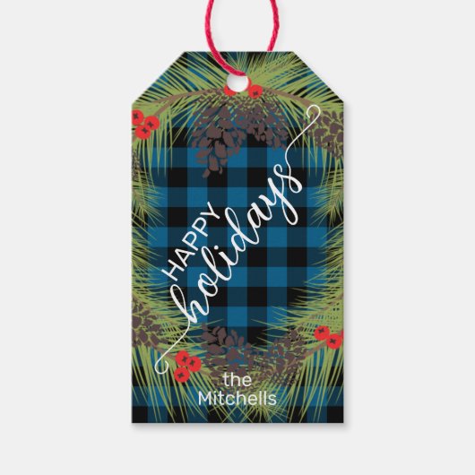 青カスタム水牛ランバージャックチェックのピンコーンオン ギフトタグ (正面)