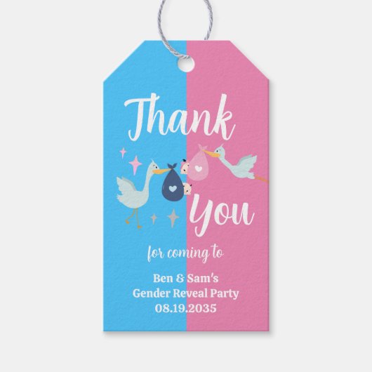 青カスタム色ピンク性別パーティーありがとう ギフトタグ (正面)