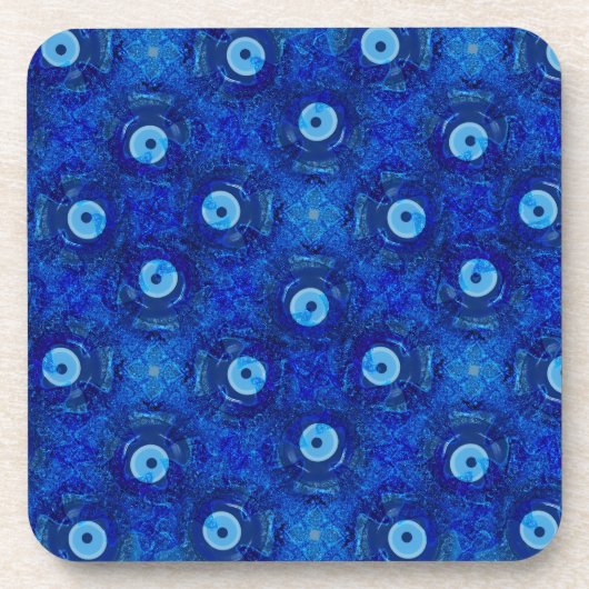 青カッコいいモダン悪のアイパターンのデジタルアート コースター (正面)