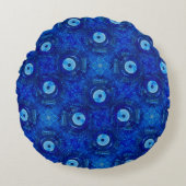 青カッコいいモダン悪のアイパターンのデジタルアート ラウンドクッション (正面)