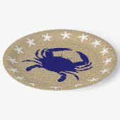 青カニ及び白いヒトデの航海のなビーチ"バーラップ" ペーパープレート (アングル)