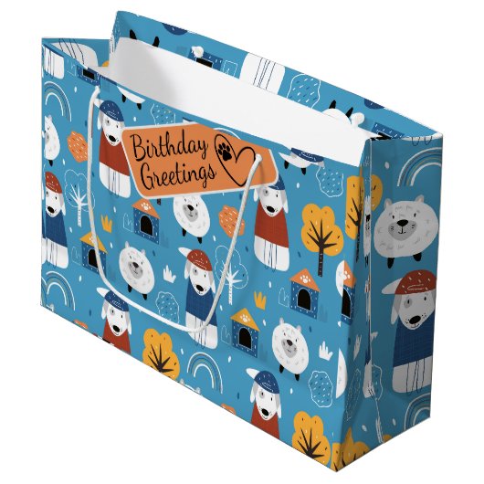 青カラフルい熱狂するドードーの漫画の犬 ラージペーパーバッグ (正面アングル)