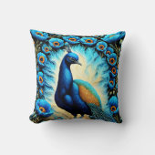 青カラフルい花に囲まれた孔雀 クッション (正面)