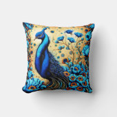 青カラフルい花の鮮やか間の孔雀 クッション (正面)