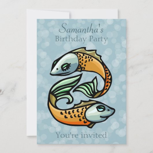 青カラフルい誕生日パーティーで魚座 招待状 (正面)