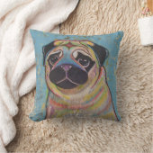 青カラフルい黒地にパグ枕 クッション (ブランケット)