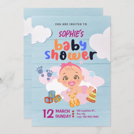 青カラフルとピンクの赤ちゃんシャワー招待状 招待状