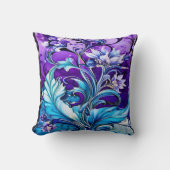青カラフルと紫の色合いのフローラデザイン クッション (正面)