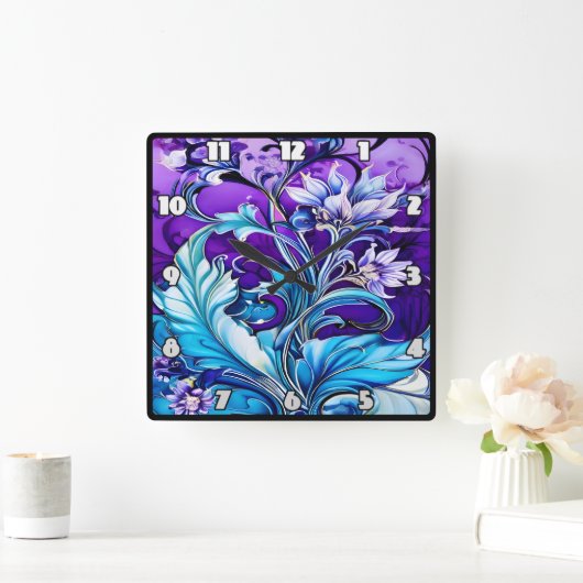 青カラフルと紫の色合いのフローラデザイン スクエア壁時計 (ホーム)