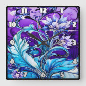 青カラフルと紫の色合いのフローラデザイン スクエア壁時計 (正面)