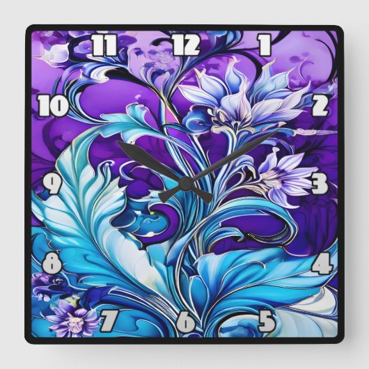 青カラフルと紫の色合いのフローラデザイン スクエア壁時計 (正面)