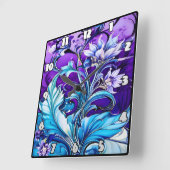 青カラフルと紫の色合いのフローラデザイン スクエア壁時計 (傾斜)