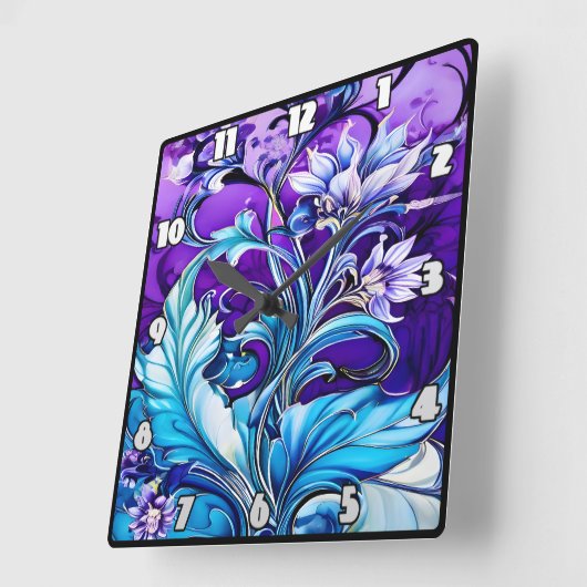 青カラフルと紫の色合いのフローラデザイン スクエア壁時計 (傾斜)
