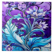 青カラフルと紫の色合いのフローラデザイン タイル (正面)