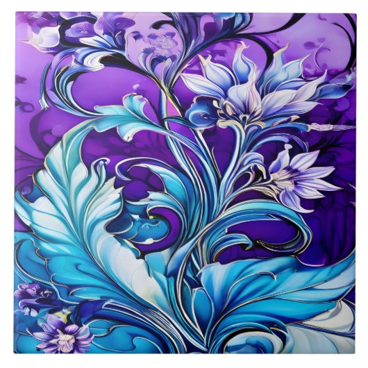 青カラフルと紫の色合いのフローラデザイン タイル (正面)