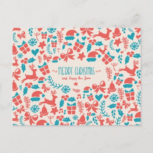 青カラフルと赤のレトロなクリスマスパターン シーズンポストカード (正面)