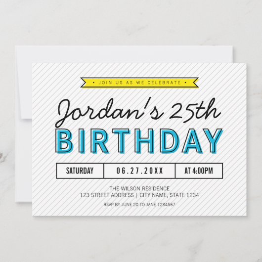 青カラフルと黄色の任意の年齢のモダン誕生日 招待状 (正面)