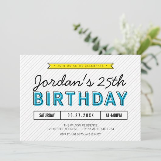 青カラフルと黄色の任意の年齢のモダン誕生日 招待状 (スタンド正面)