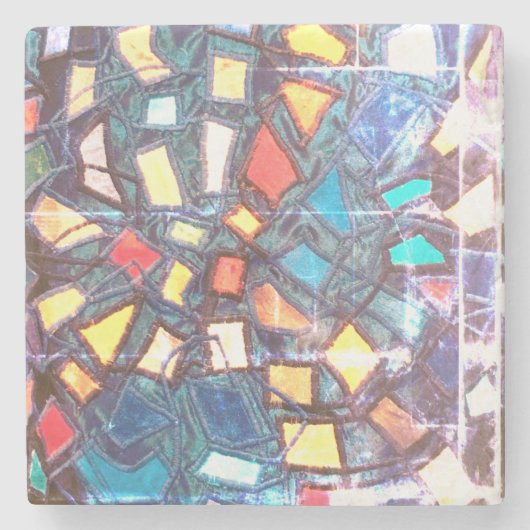 青カラフルティール（緑がかった色）黄色の赤グランジ抽象芸術 ストーンコースター (正面)