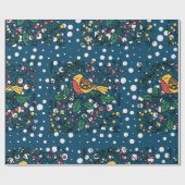 青カラフルヴィンテージ花柄の鳥 ラッピングペーパー (フラット)