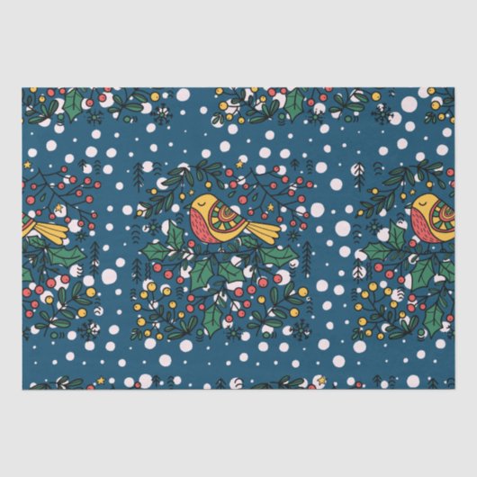 青カラフルヴィンテージ花柄の鳥 薄葉紙 (正面)
