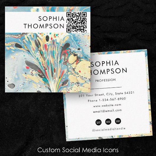 青カラフル大理石抽象芸術QRコードソーシャルメディア スクエア名刺