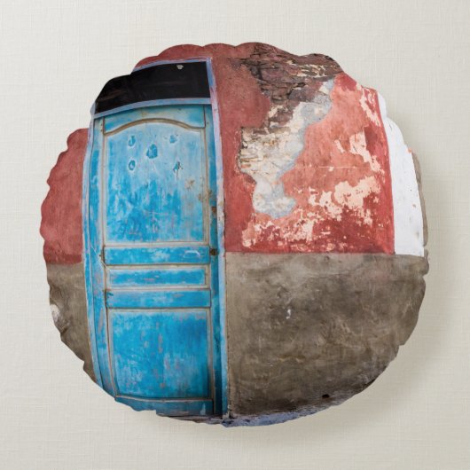 青カラフル扉付き壁 ラウンドクッション (正面)