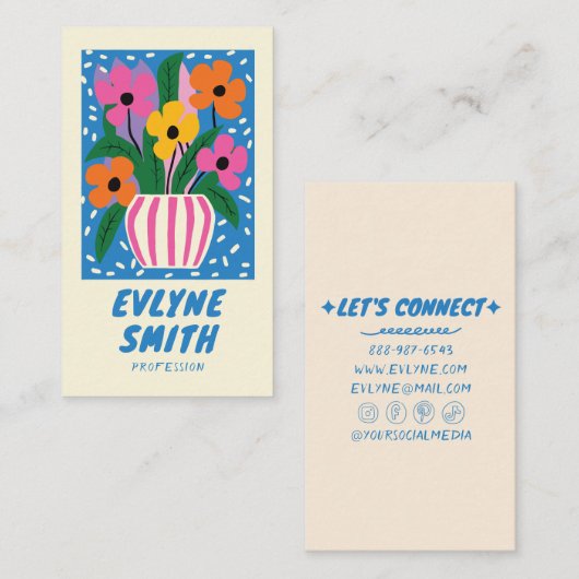 青カラフル手書き描レトロファンキーフローラ 名刺 (正面/裏面)
