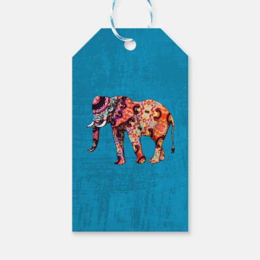 青カラフル数々の色の象 ギフトタグ (正面)