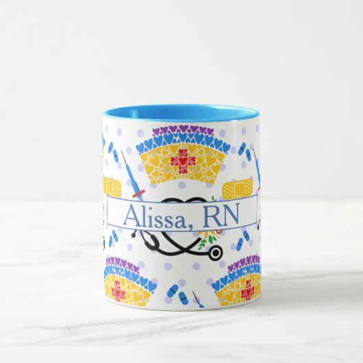 青カラフル水玉模様看護用具 マグカップ (中央)