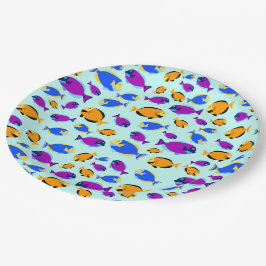 青カラフル海に浮かぶ熱帯魚の柄 ペーパープレート