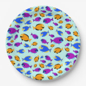 青カラフル海に浮かぶ熱帯魚の柄 ペーパープレート (正面)